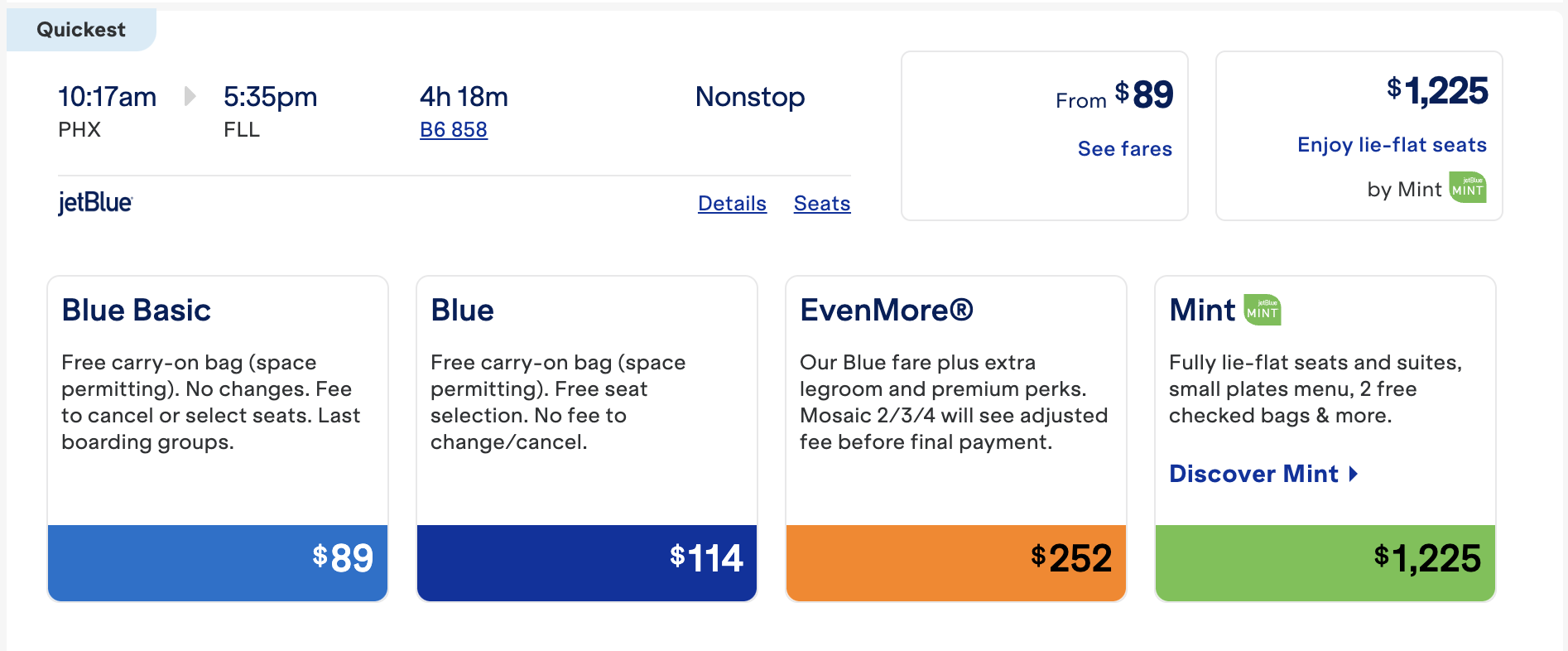 cash fare search PHX-FLL on JetBlue 
